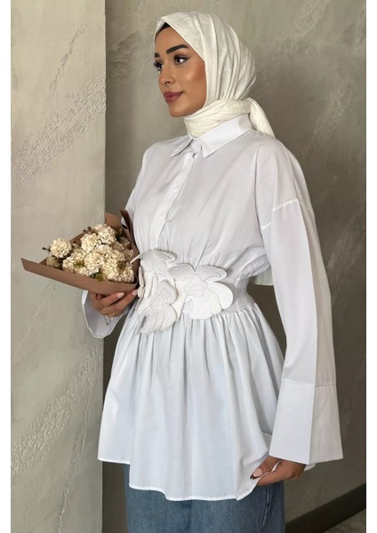 Gömlek Yaka Papatya Aplikeli Bel Lastikli Tesettür Tunik P-00017985