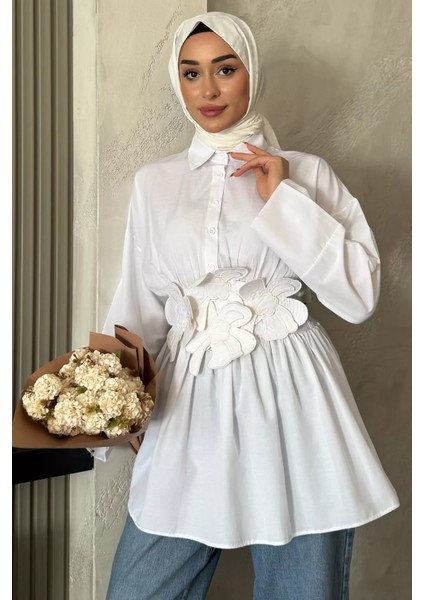 Gömlek Yaka Papatya Aplikeli Bel Lastikli Tesettür Tunik P-00017985 fiyatları