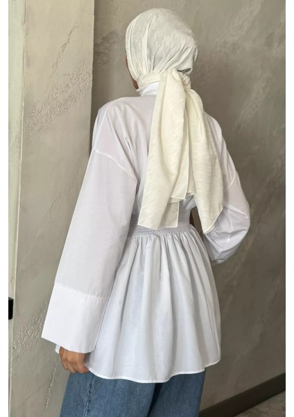 Gömlek Yaka Papatya Aplikeli Bel Lastikli Tesettür Tunik P-00017985 fırsatları