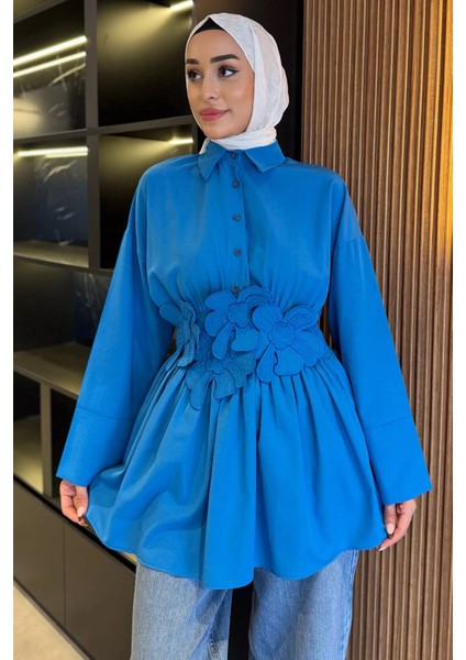 Gömlek Yaka Papatya Aplikeli Bel Lastikli Tesettür Tunik P-00017985 fiyatları