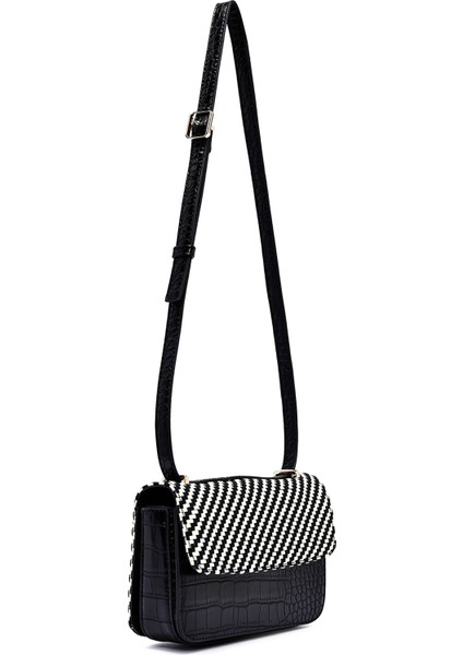 Kadın Siyah Uzun Askılı Baskılı Çapraz Çanta 25ABD243214