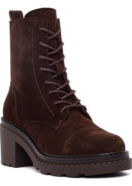 Kadın Kahverengi Fermuarlı Kalın Topuklu Süet Deri Postal Bot 25WFD141110