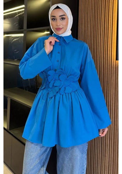 Gömlek Yaka Papatya Aplikeli Bel Lastikli Tesettür Tunik P-00017985