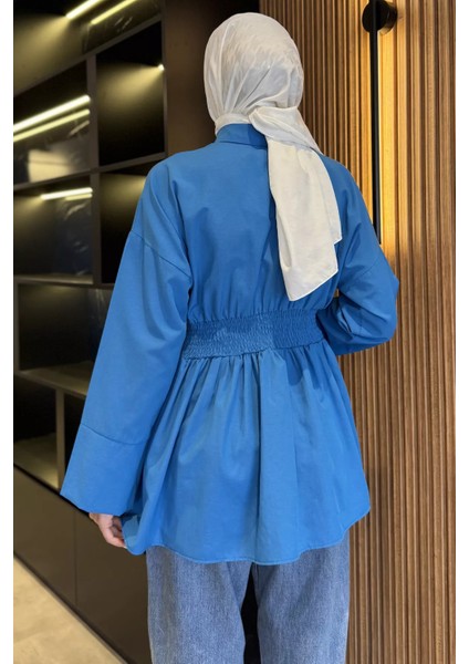 Gömlek Yaka Papatya Aplikeli Bel Lastikli Tesettür Tunik P-00017985 fırsatları