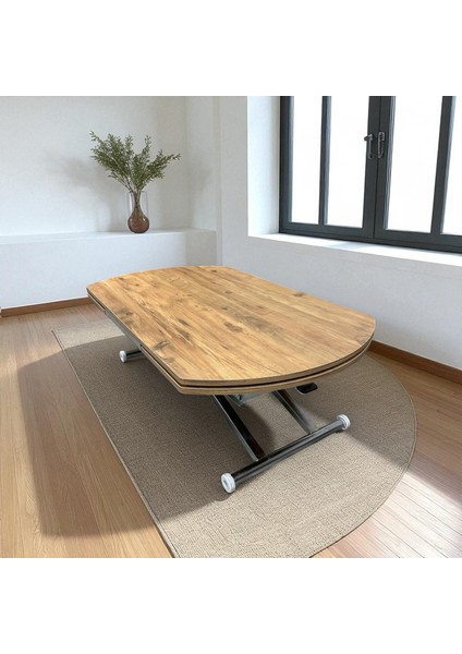 Yan Baştan Açılır Oval Akıllı Yemek Masası Mdf Tabla Alt Mekanizma Metal Krom Kaplama