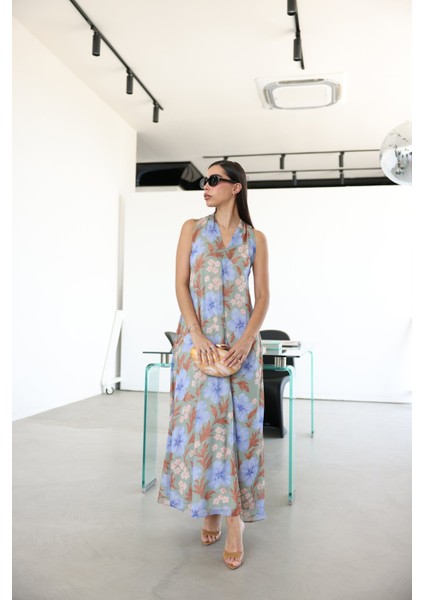 Çiçek Desenli Üzeri Tül Ayarlanabilir Askılı Elbise