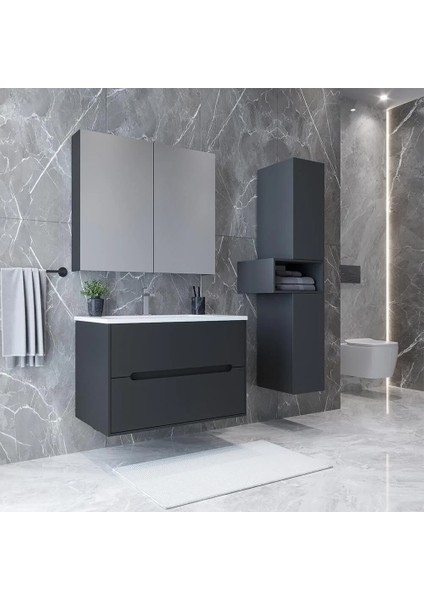 Madrid 65 cm Antrasit MDF Banyo Dolabı Seti ve Boy Dolabı