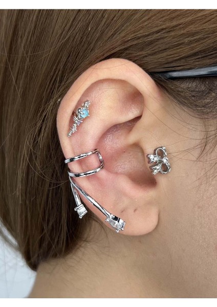 Zirkon Taşlı, Kulak Kıkırdak Bölgesi Küpe 433, Gümüş Renk