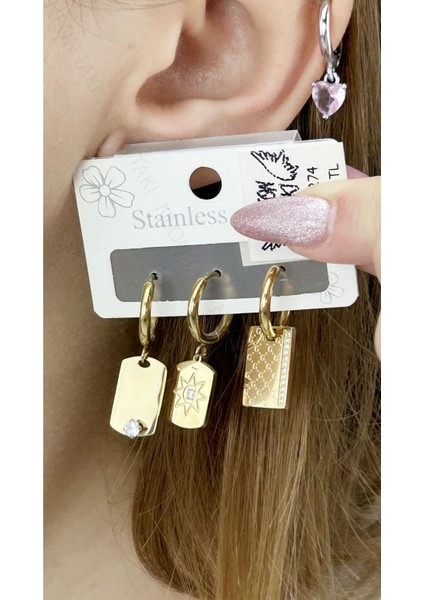 Çoklu Küpe, Sallantılı, Zirkon Taşlı, Paslanmaz Çelik Küpe 274 Altın Renk