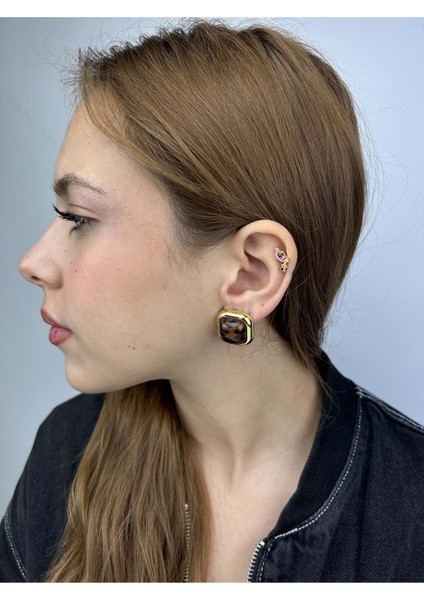 Leopar Desenli, Kare Model, Küpe 572, Kasa Altın Renk fiyatları