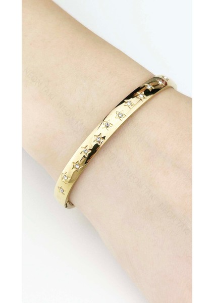 Kelepçe Bileklik, Zirkon Taşlı, Kararmayan Paslanmaz Çelik, Yıldız Detaylı, Altın Renk, Model178