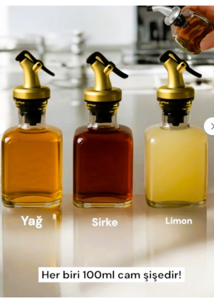 3lü Set Cam Sofra Üzeri Yağdanlık 100ML Sirke Limon Yağ Şişesi Sirkelik, Limonluk (Kare Şişe)