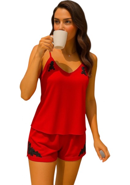 Barbara Ithal Saten Gecelik Takım Aplik Detay