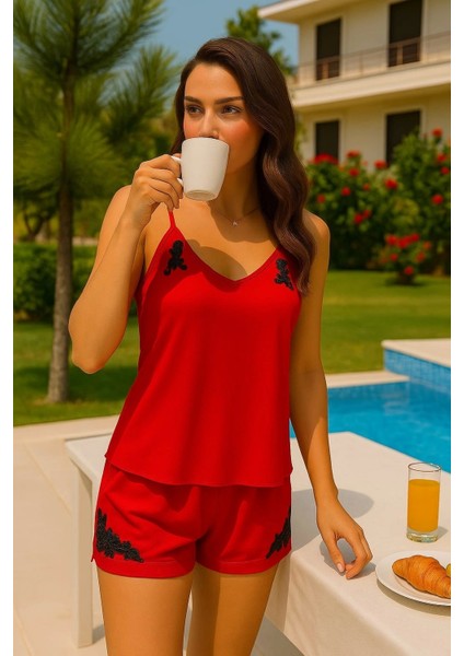 Barbara Ithal Saten Gecelik Takım Aplik Detay modelleri