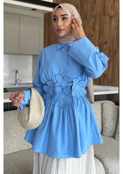 Gömlek Yaka Papatya Aplikeli Bel Lastikli Tesettür Tunik P-00017985
