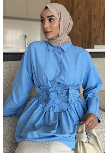 Gömlek Yaka Papatya Aplikeli Bel Lastikli Tesettür Tunik P-00017985 fiyatları