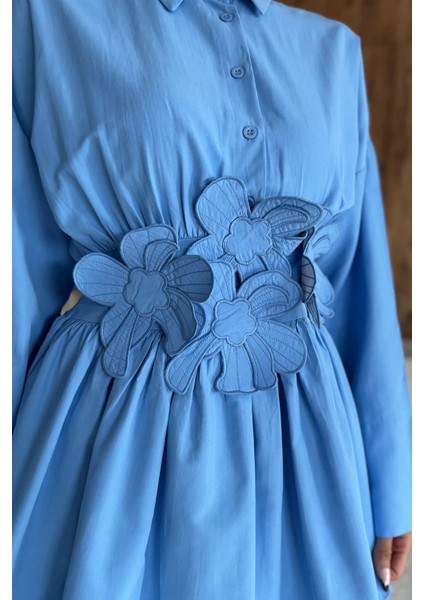 Gömlek Yaka Papatya Aplikeli Bel Lastikli Tesettür Tunik P-00017985 modelleri