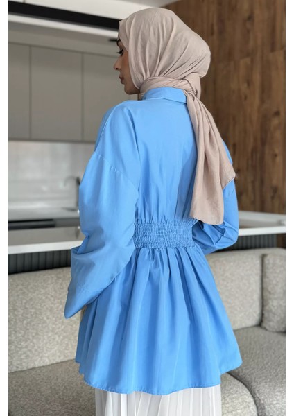 Gömlek Yaka Papatya Aplikeli Bel Lastikli Tesettür Tunik P-00017985 fırsatları