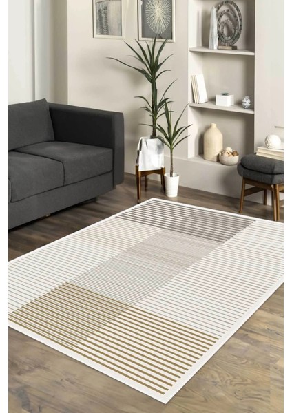 Dijital Kaymaz Yıkanabilir Modern Çizgili Salon Halısı Mutfak Halısı Koridor Halısı Yolluk DC-7204 Krem