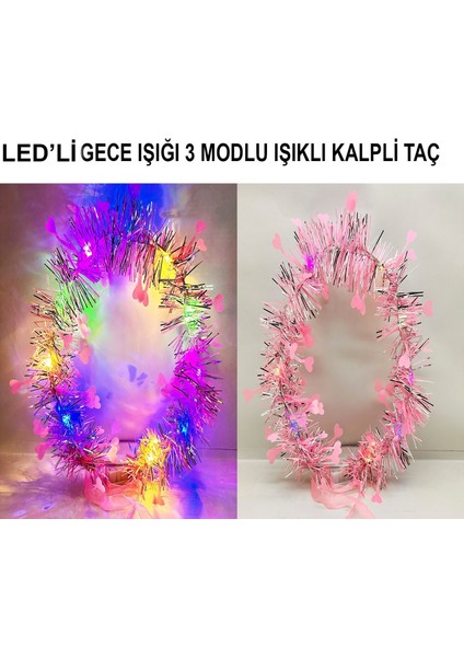 Kalp Püsküllü Gece Parıltısı 3 Modlu Led&amp;#39;li Işıklı Taç Pembe Renk