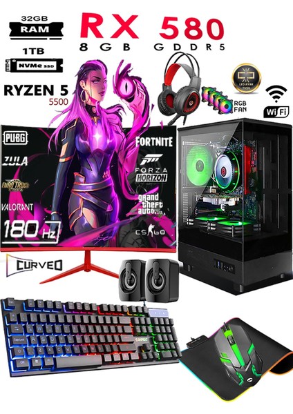 TC81X Ryzen 5 5500 32GB 1tb M.2 Nvme SSD RX580 8gb 24'' 180hz Curved Oyuncu Masaüstü Bilgisayarı