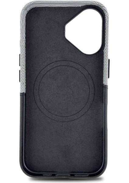 iPhone 16 Uyumlu Kumaş ve Deri Kaplamalı Kartlıklı Metal Kamera Detaylı Sahra Kılıf modelleri