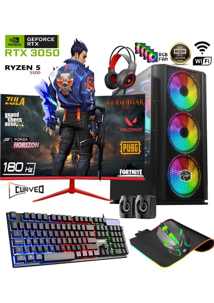 TC66X Ryzen 5 5500 32GB 1tb M.2 Nvme SSD RTX3050 24" 180Hz Oyuncu Masaüstü Bilgisayarı Hazır Sistem