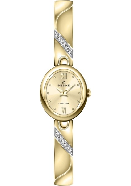 D1240.110 Minimal Taşlı Tasarım Oval Kadran Metal Kordon Metal Kasa 3 Atm Suya Dayanıklı Altın Renk Kadın Kol Saati