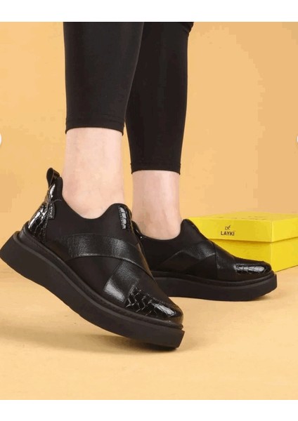 0000068 Siyah Renkli Krok Deri Lastikli Paraşüt Kumaş Sneaker Yürüyüş Ayakkabısı