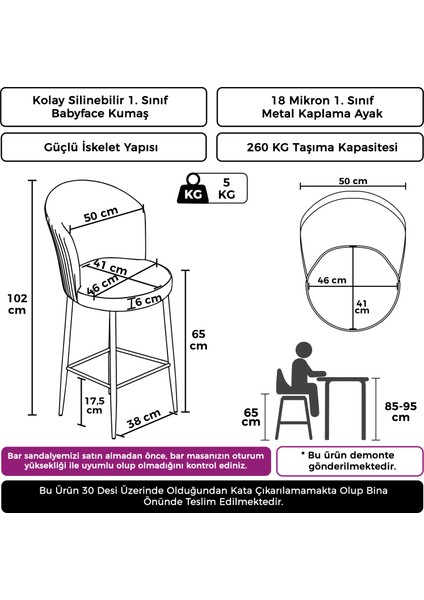 Alte Serisi 1 Adet Krem Babyface Kumaş 65 cm Krom Kaplama Ayaklı Bar Sandalyesi fiyatları