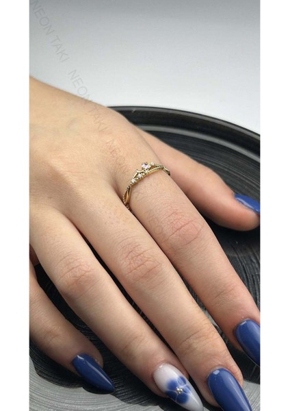 Zirkon Taşlı, Ay Ve Yıldız, Çelik Yüzük 107, Altın Renk, Ayarlanabilir