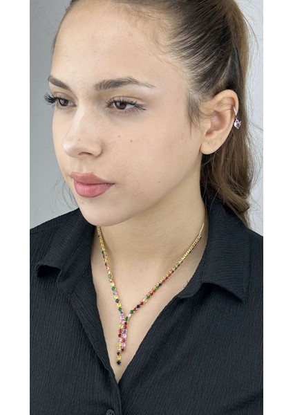 Su Yolu, Çok Renkli Zirkon Taşlı, Kolye 202, Altın Renk