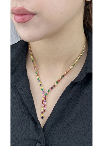 Su Yolu, Çok Renkli Zirkon Taşlı, Kolye 202, Altın Renk fiyatları