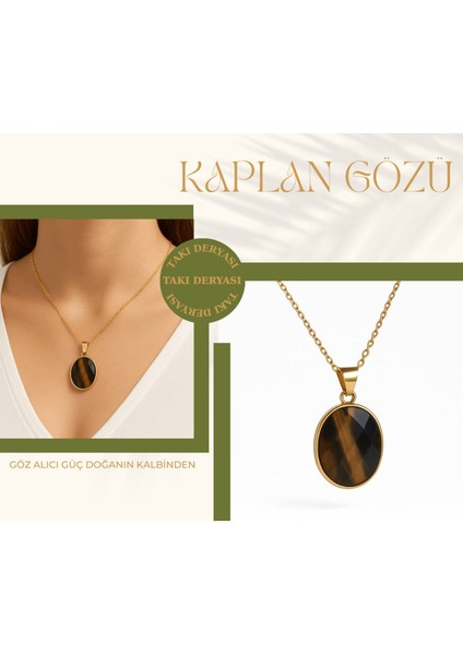 Unisex Kaplan Gözü Kolye Doğal Taş Paslanmaz Zincirli Enerji Taşı Hediye Seçeneği
