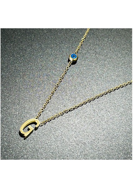 G Harfli, Nazar Figürlü, Paslanmaz Çelik Kolye 276, Altın Renk modelleri