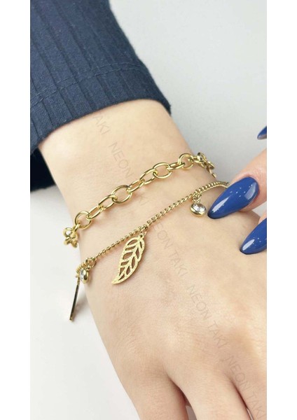 Çift Zincir, Yaprak Ve Inci, Paslanmaz Çelik Bileklik 133, Altın Renk