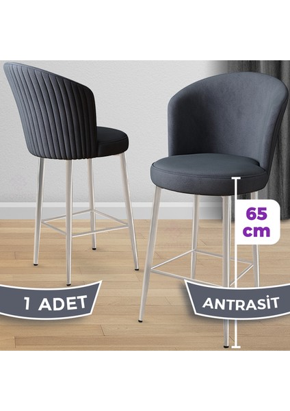 Alte Serisi 1 Adet Antrasit Babyface Kumaş 65 cm Krom Kaplama Ayaklı Bar Sandalyesi