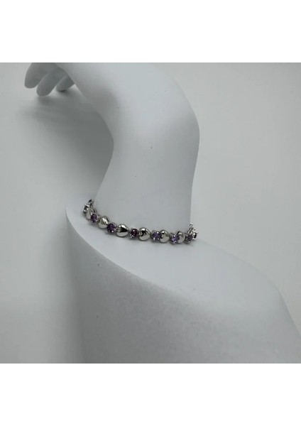 Özel Seri Silver Mor Taş ve Kalp Detay Bileklik - Silver