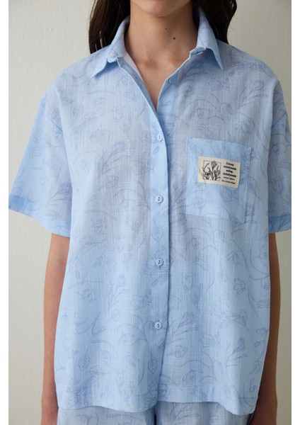 Açık Mavi Antalya Çiğdemi Pamuklu Çiçekli Gömlek Şort Pijama Takımı - Inspired by Flora