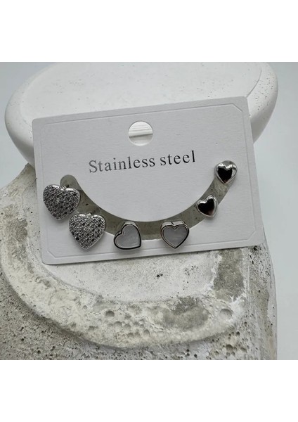 Çelik Silver Set 3 Çift Kalp Küpe - Silver