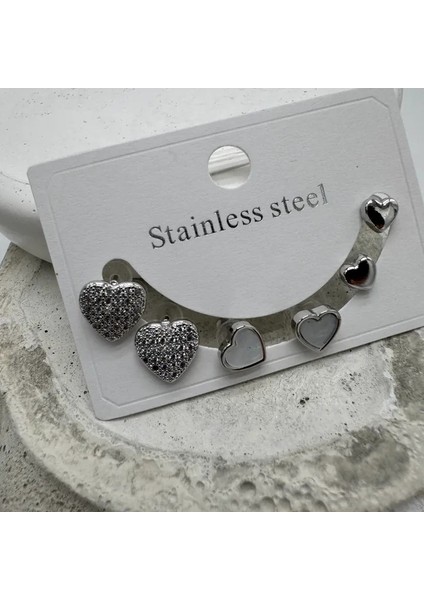 Çelik Silver Set 3 Çift Kalp Küpe - Silver fiyatları