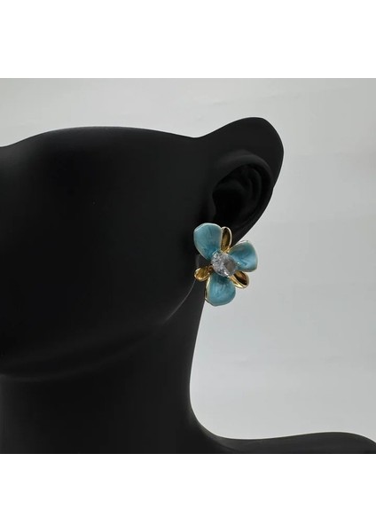 Özel Seri Çelik Mavi Taşlı Küpe - Gold