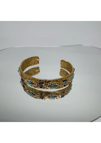 Özel Seri Çelik Mavi Göz Detay Vintage Kelepçe Bileklik - Gold