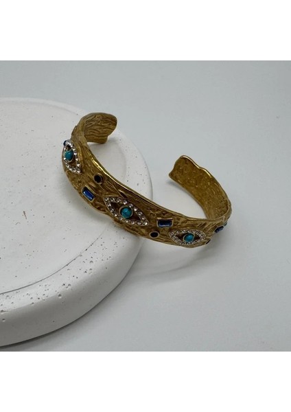 Özel Seri Çelik Mavi Göz Detay Vintage Kelepçe Bileklik - Gold fiyatları