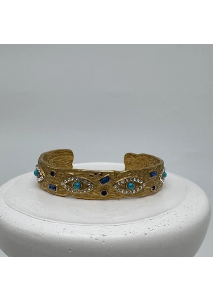 Özel Seri Çelik Mavi Göz Detay Vintage Kelepçe Bileklik - Gold modelleri