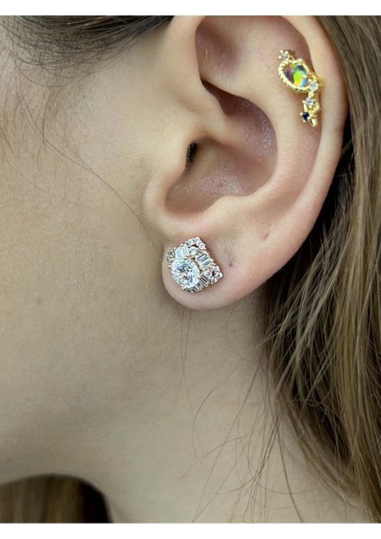 Zirkon Taşlı, Baget, Altın Kaplama Paslanmaz Küpe 251, Pembe (ROSE) Renk