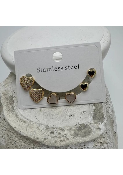 Çelik Gold Set 3 Çift Kalp Küpe - Gold