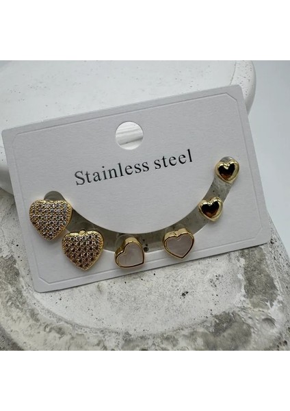 Çelik Gold Set 3 Çift Kalp Küpe - Gold fiyatları