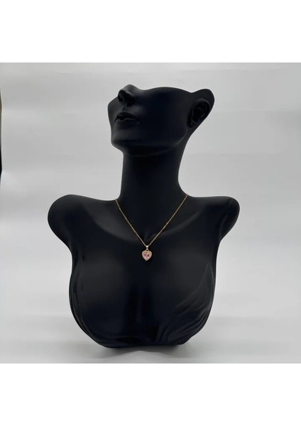 Çelik Pembe Zirkon Taşlı Prenses Model Kalp Kolye - Gold