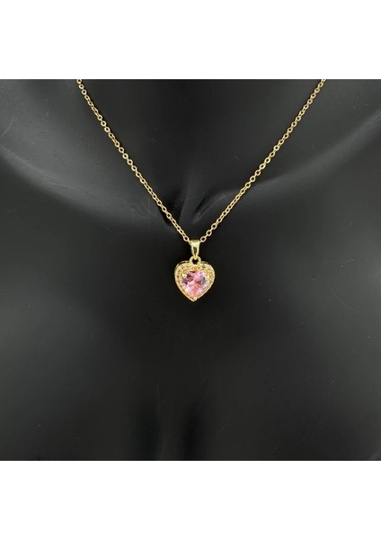 Çelik Pembe Zirkon Taşlı Prenses Model Kalp Kolye - Gold fiyatları